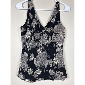 Tape Measure 100% Silk Floral V-Neck Sleeveless Blouse Black Cream Size 12 Y2K